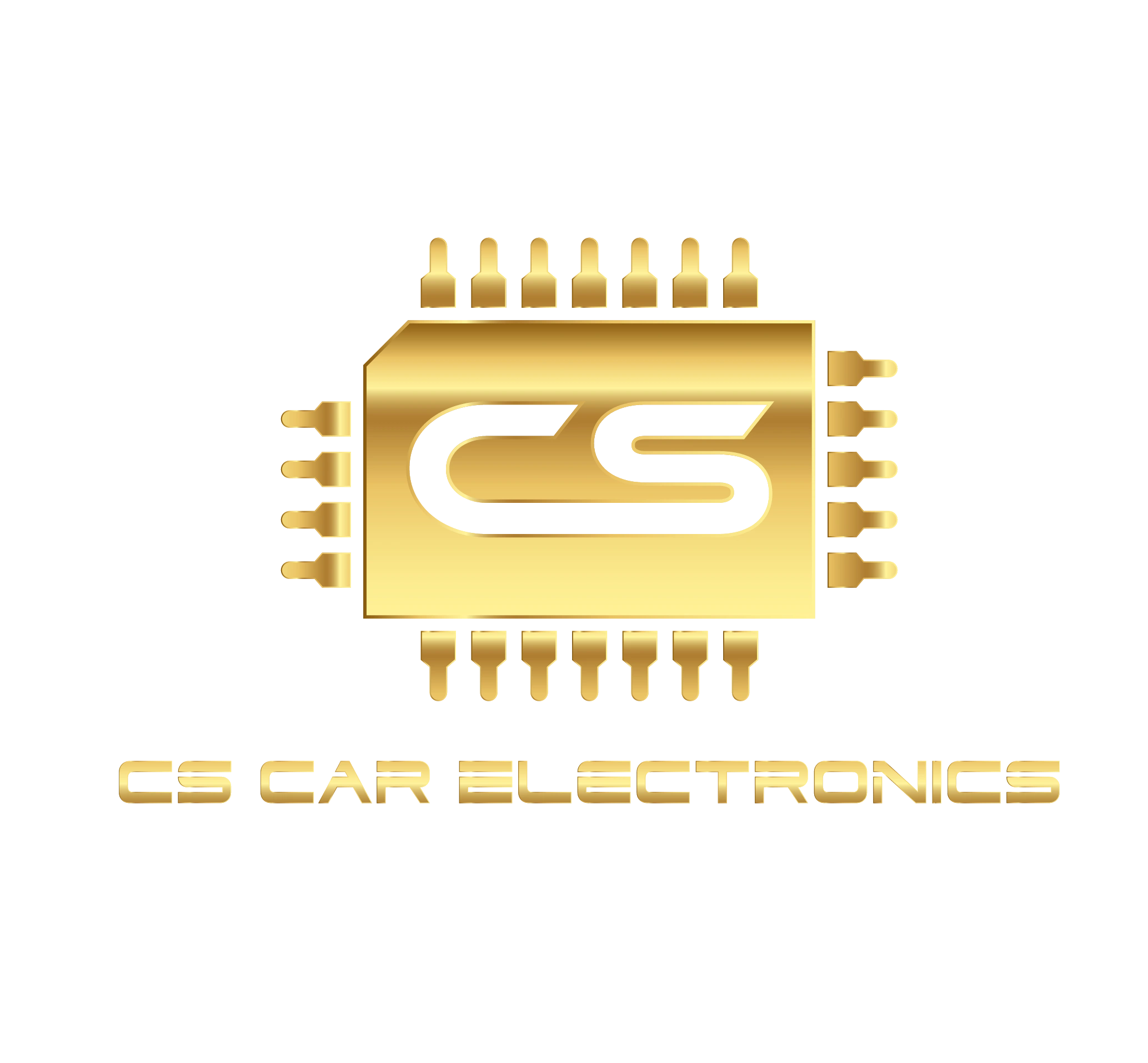 Goldenes Logo von CS Car Electronics mit Mikrochip-Design